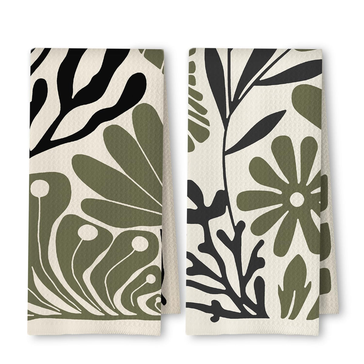 ArtisaEura, toallas de cocina abstractas en verde y negro boho floral para decoración diaria
