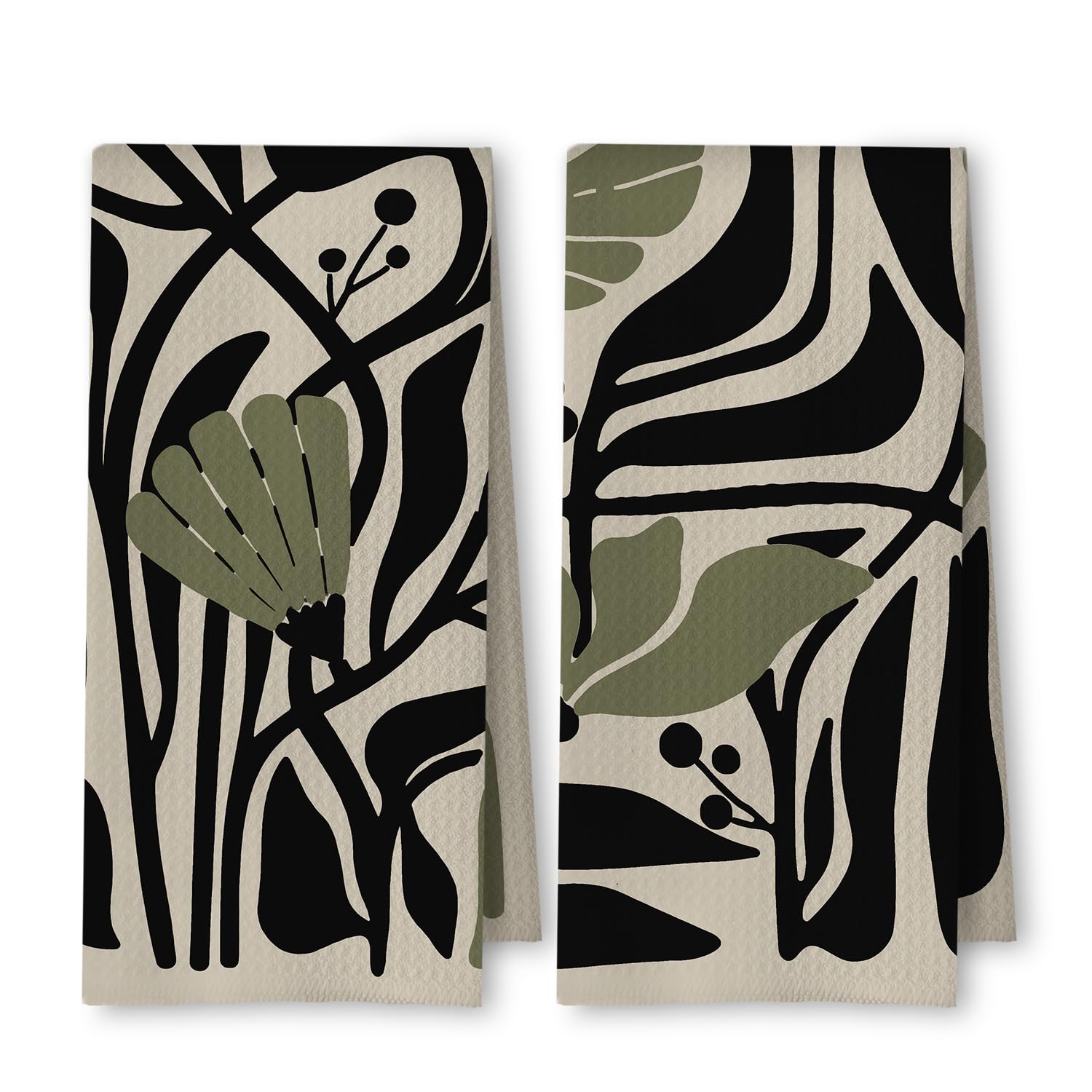 Toallas ArtisaEura con diseño abstracto boho en verde salvia y negro, secado rápido.