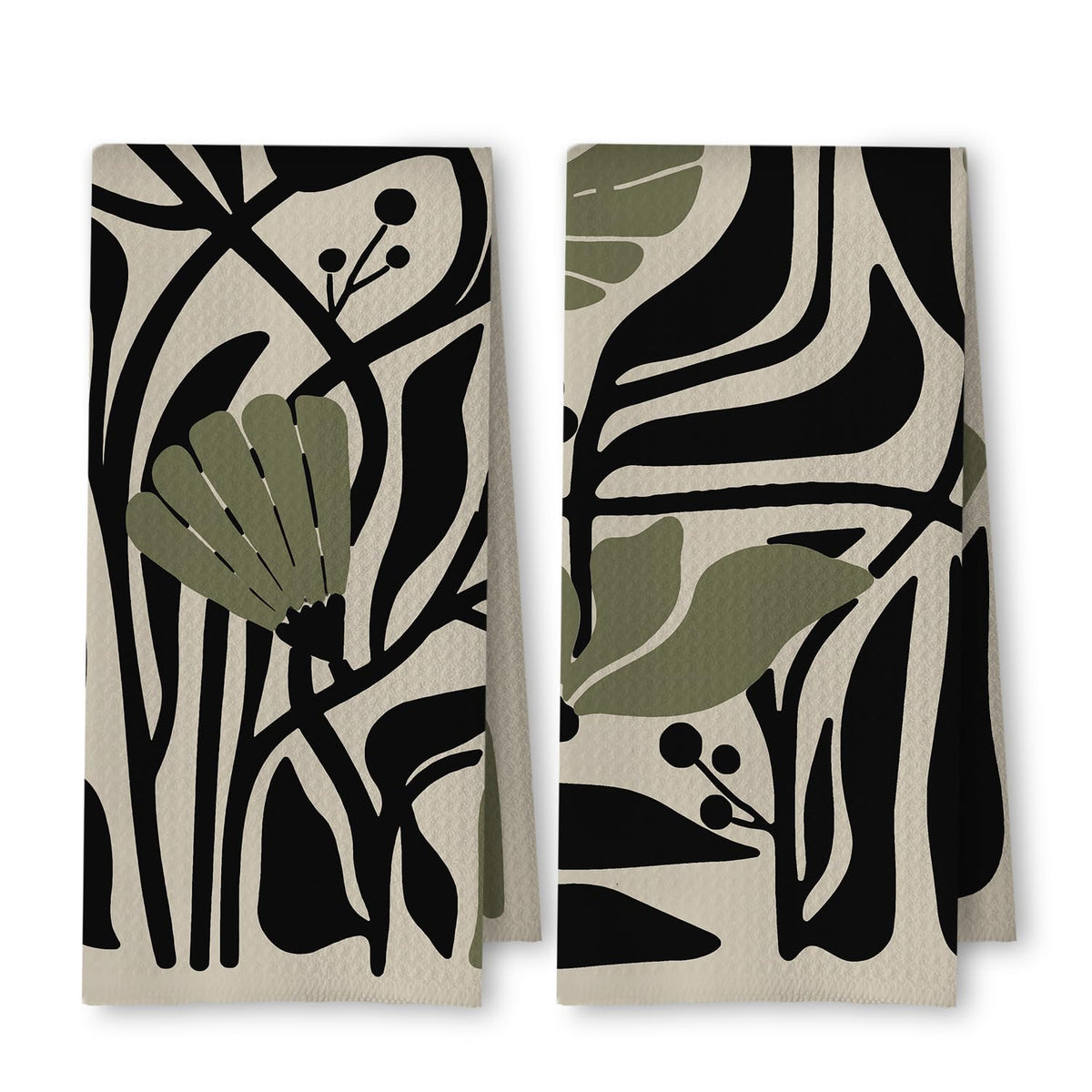 Toallas ArtisaEura con diseño abstracto boho en verde salvia y negro, secado rápido.