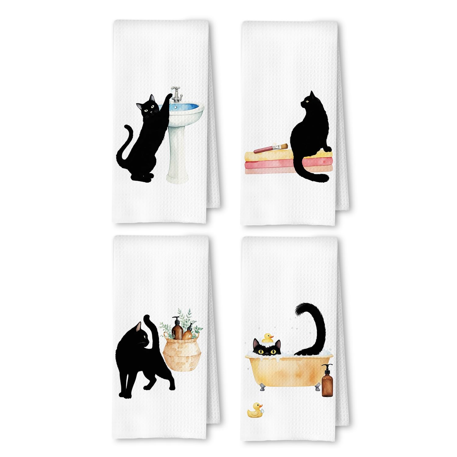 ArtisaEura toallas de mano con gato negro, conjunto de 4 para baño.