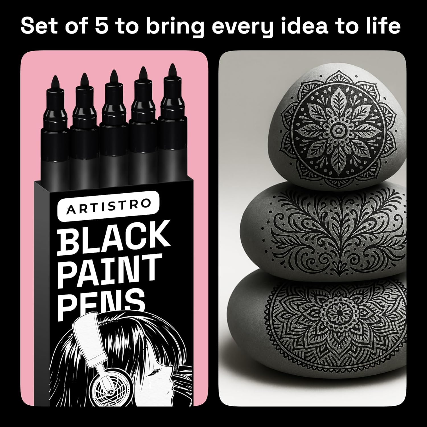ARTISTRO 5 bolígrafo de pintura negro para tela, tinta resistente.