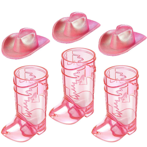 Artlunar vasito mini bota vaquera con sombrero rosa, ideal para recuerdos de fiesta.