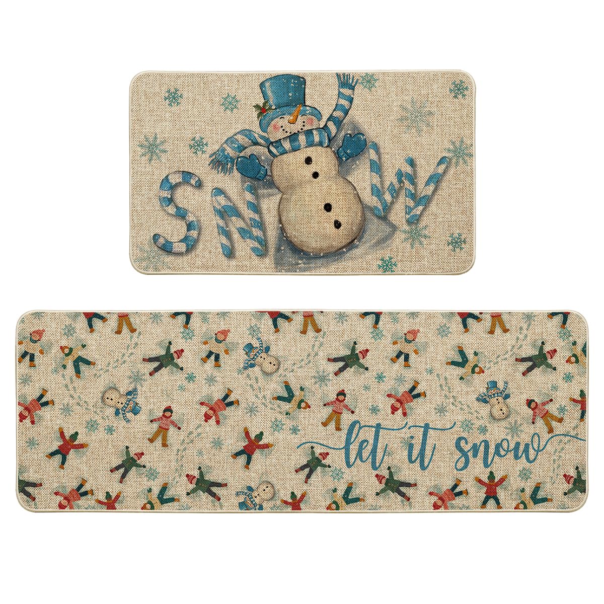 Alfombra Artoid Mode, diseño azul baston caramelo y muñeco de nieve para decorar y proteger.