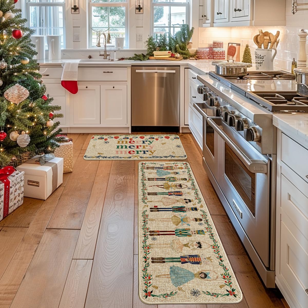 Alfombra navideña Artoid Mode para crear ambiente cálido en la cocina.
