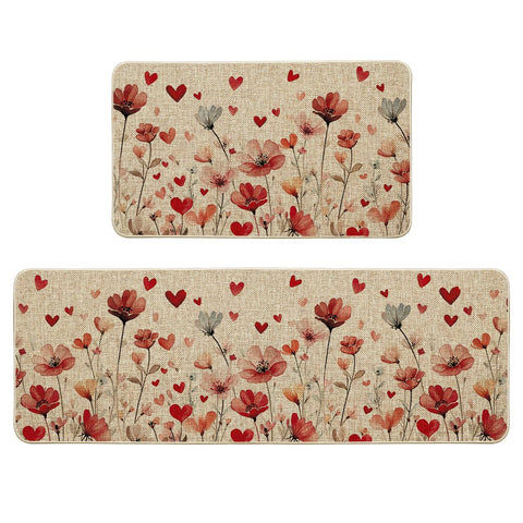 Alfombrilla Artoid Mode con corazones florales, ideal para entrada y cocina.