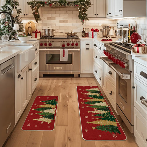 Alfombrilla Artoid Mode con árboles navideños para cocina festiva y elegante.
