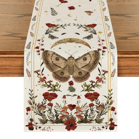 Artoid Mode corredor beige con amapola, polilla, hongo y luna para decoración otoñal.
