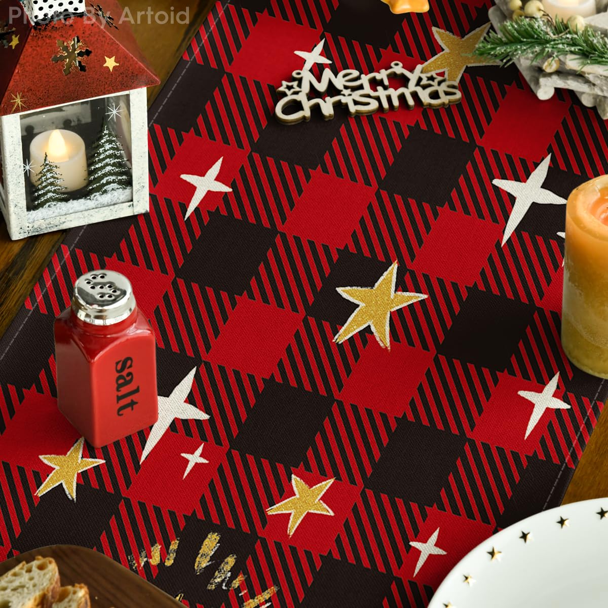 Artoid Mode Buffalo Plaid Kogiya, corredor de mesa resistente, fácil de lavar tras cenas animadas.
