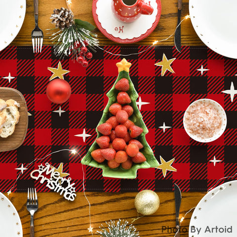 Artoid Mode Buffalo Plaid Kogiya, adorno colorido que realza cualquier comedor durante eventos.