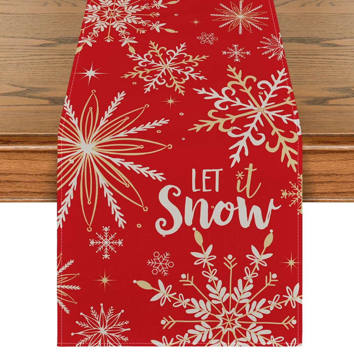 Artoid Mode camino de mesa nieve roja copos, ideal para cenas navideñas.