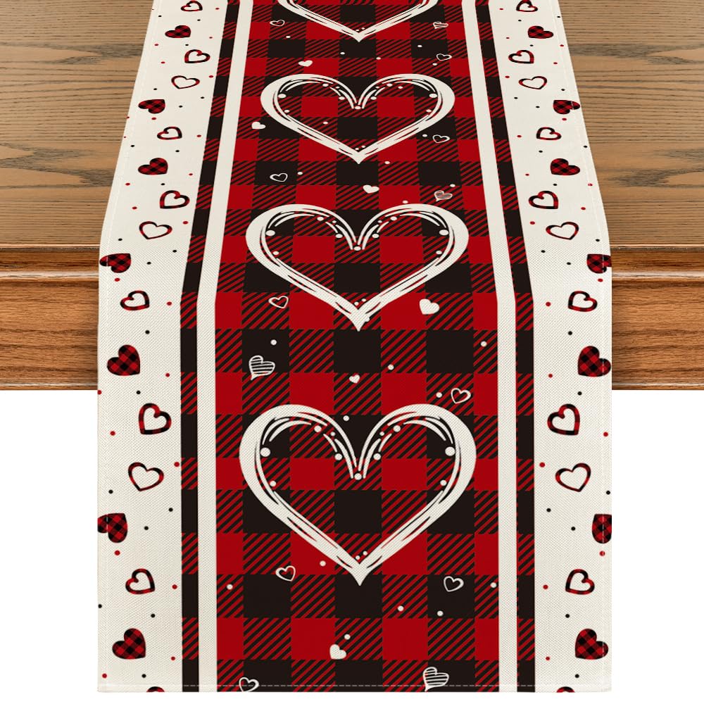 Artoid Mode cinta de mesa con estampado cuadros rojo y negro y corazones, ideal para fiestas.