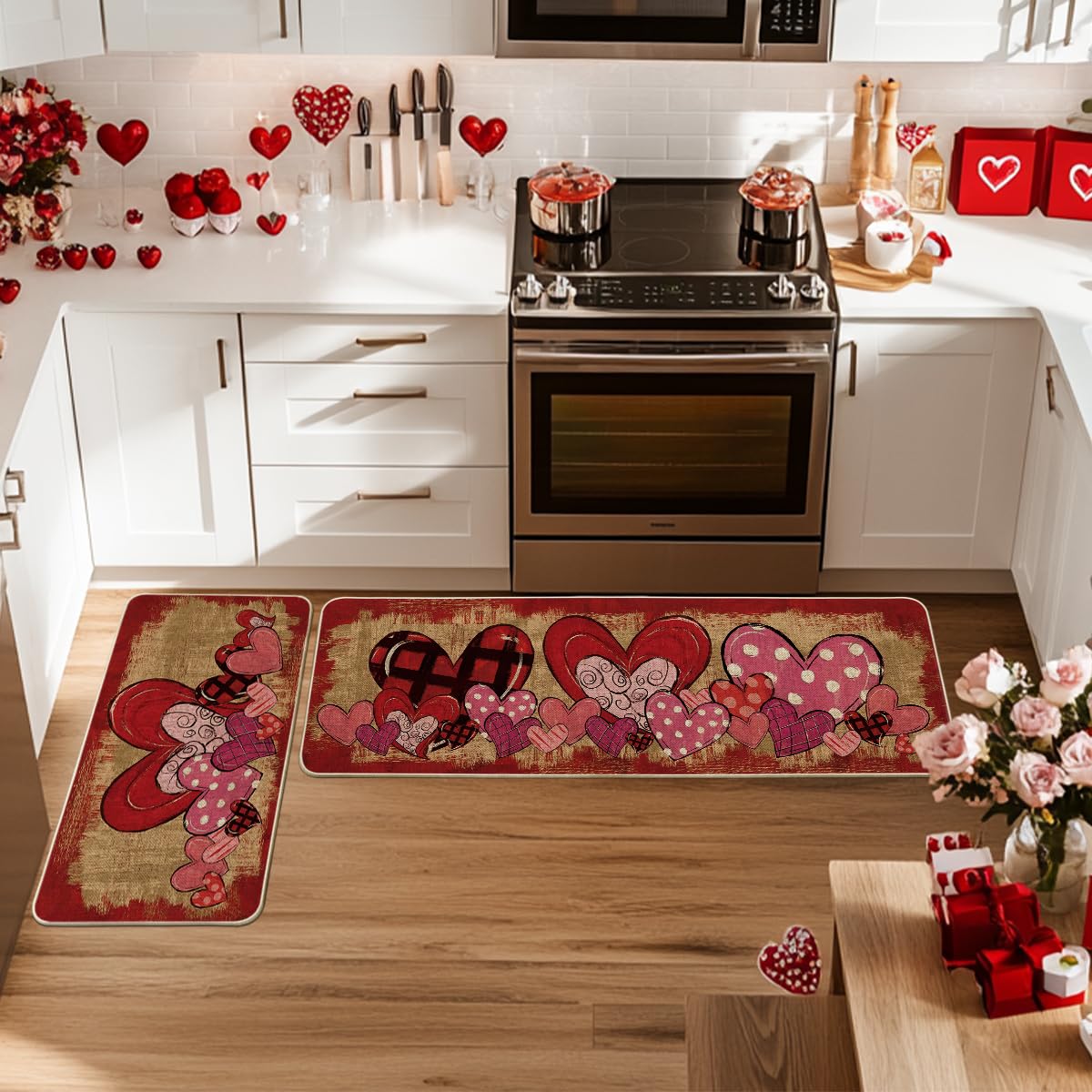 Alfombra Artoid Mode Corazón en cuadros rojos, 17x47, decoración de cocina.