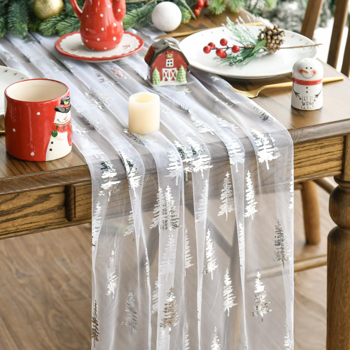 Artoid Mode corredor de mesa de gasa navidad blanco plata para cenas elegantes.