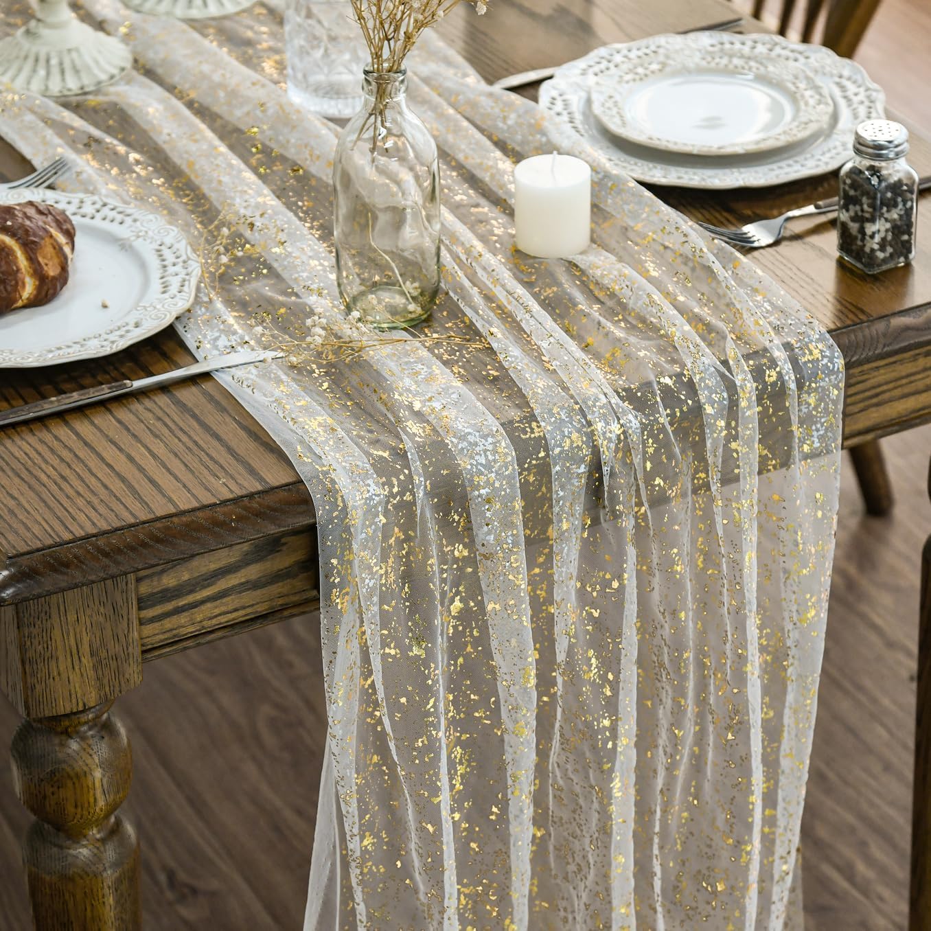 Artoid Mode corredor de gasa beige-oro para mesa, protección elegante 120 pulgadas.