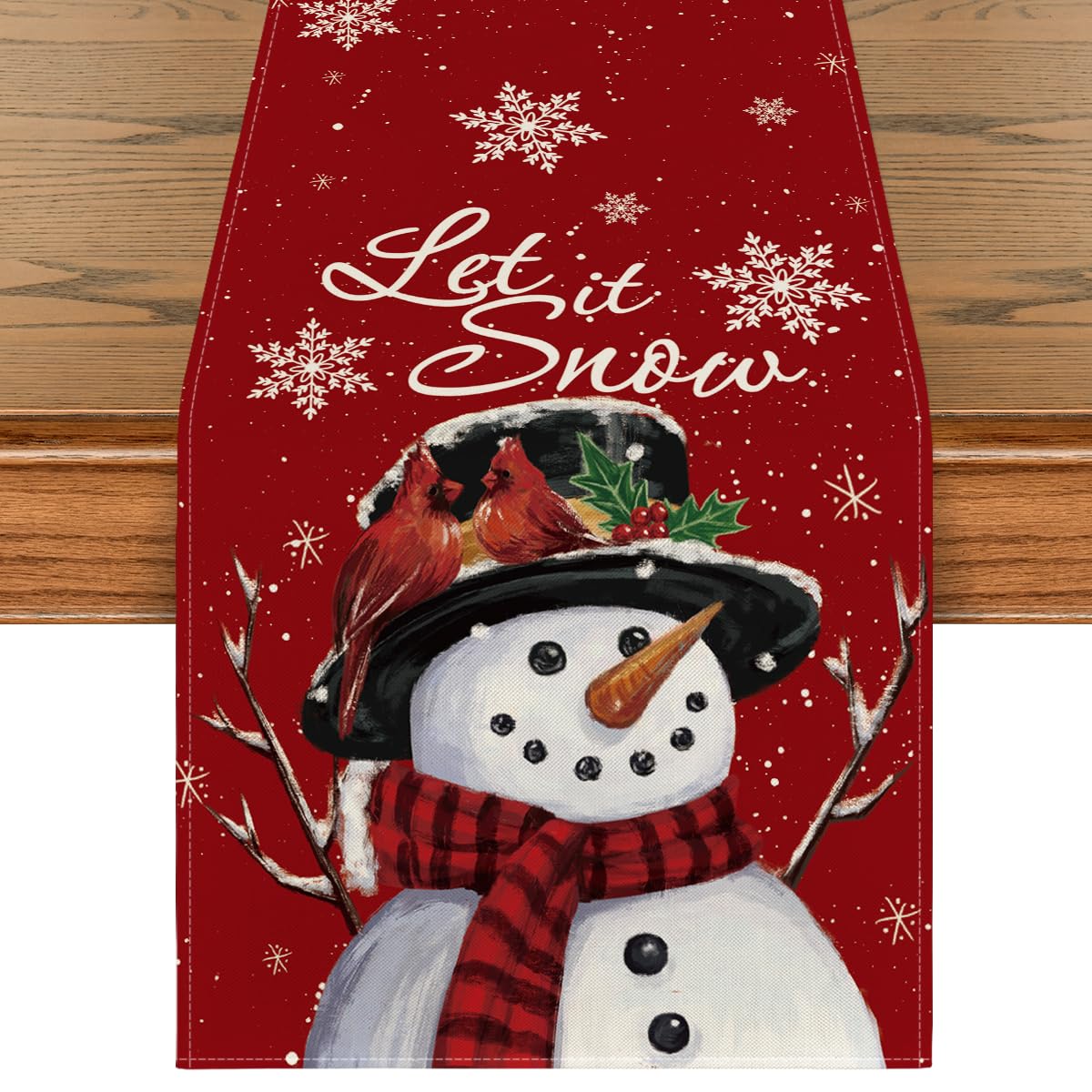 Artoid Mode, corredor de mesa burdeos con muñeco de nieve, ideal para cenas festivas.