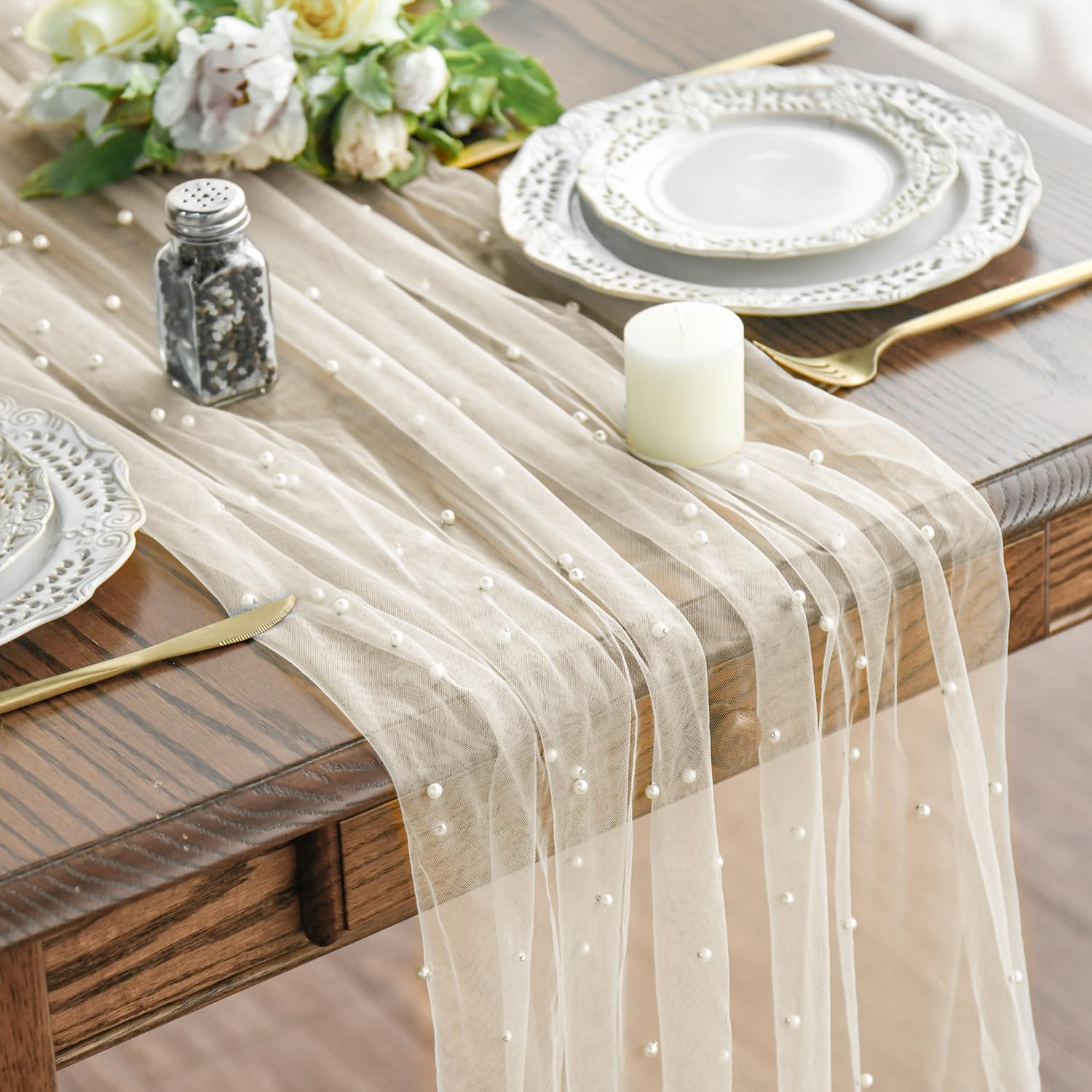Artoid Mode: corredor de mesa gasa beige perlada para cenas elegantes