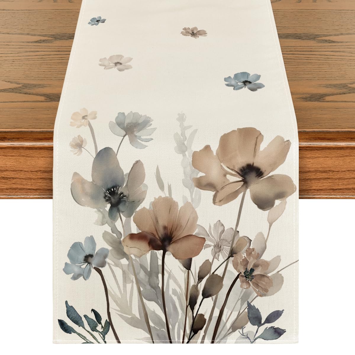 Artoid Mode corredor de mesa marrón con amapolas y hojas, vista frontal, protege la superficie.