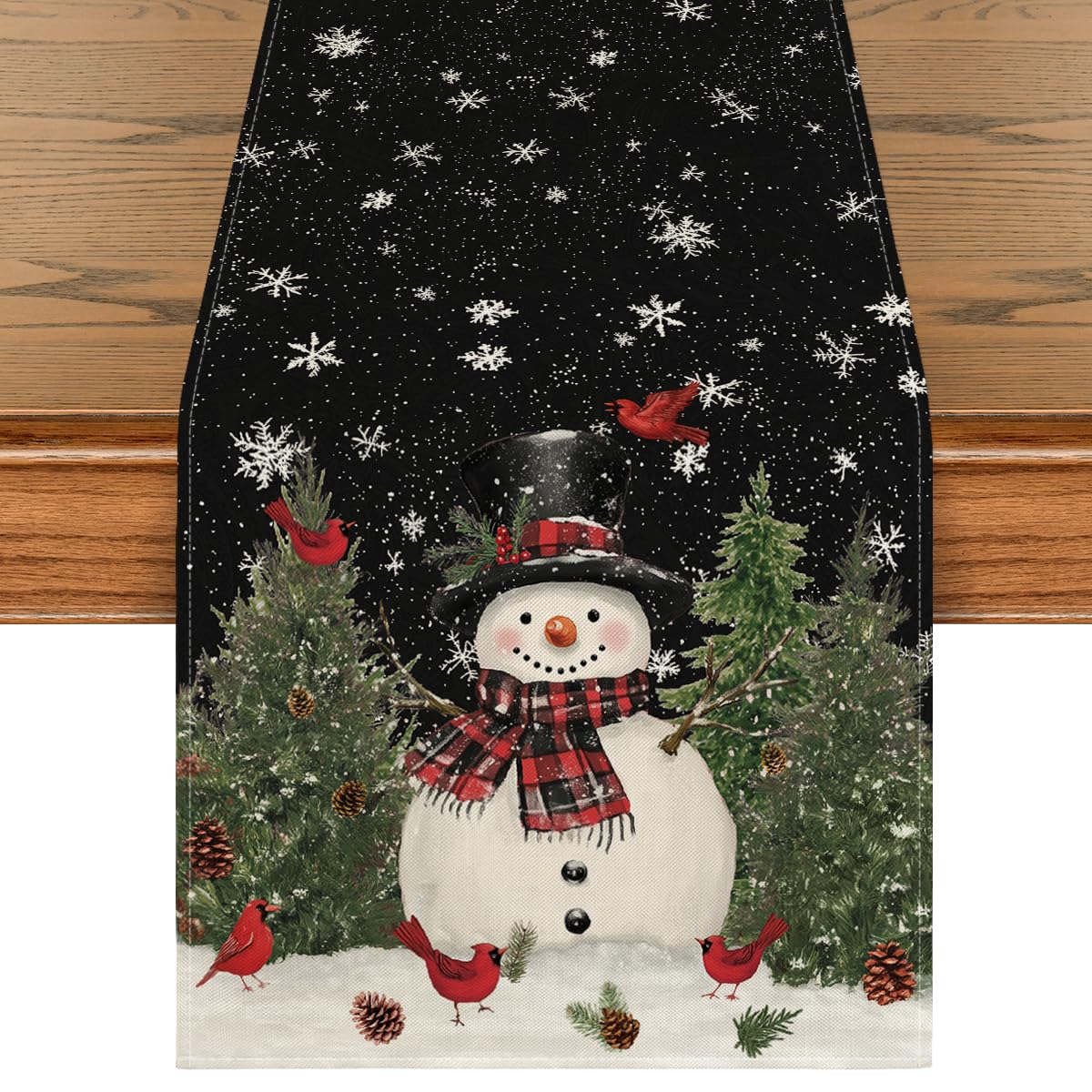 Artoid Mode, corredor de mesa con muñeco de nieve y aves, ideal para decoración navideña.