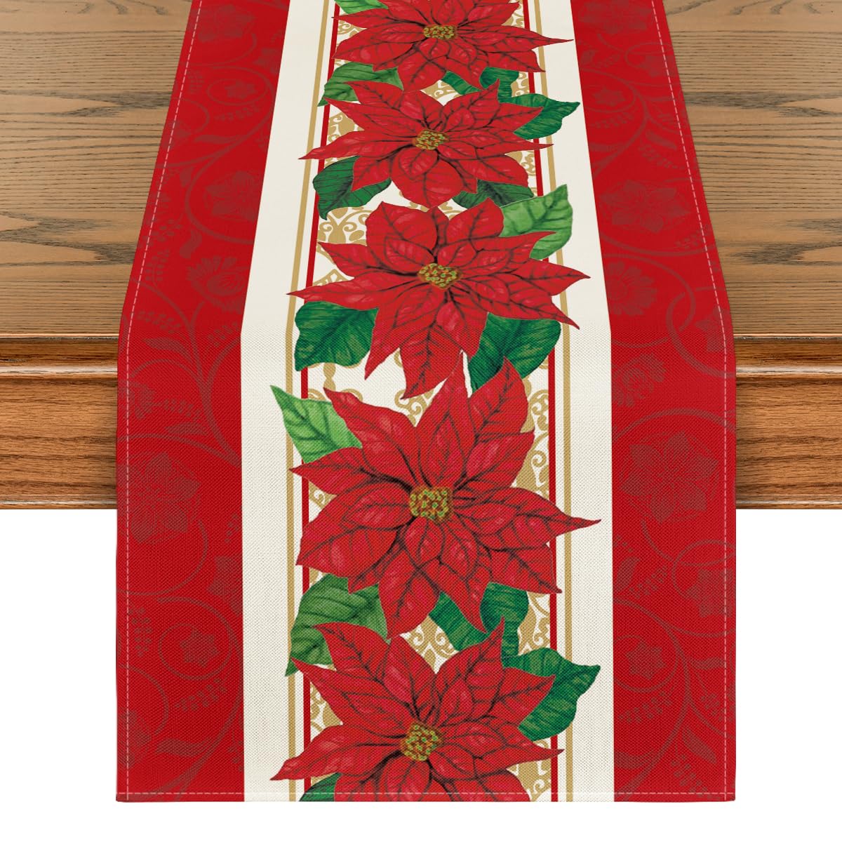 Artoid Mode mantel corredor navideño con flor de Pascua acuarela roja para cenas festivas.