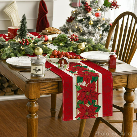Artoid Mode – flor de Pascua acuarela roja en mantel corredor, ideal para fiestas al aire libre.