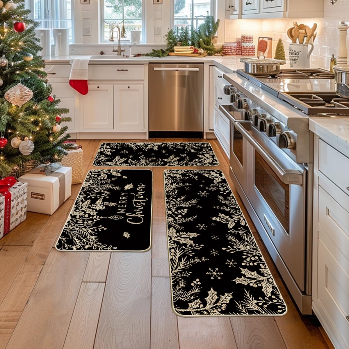 Detalle de ramas de pino negro, modelo navideño para la entrada o cocina