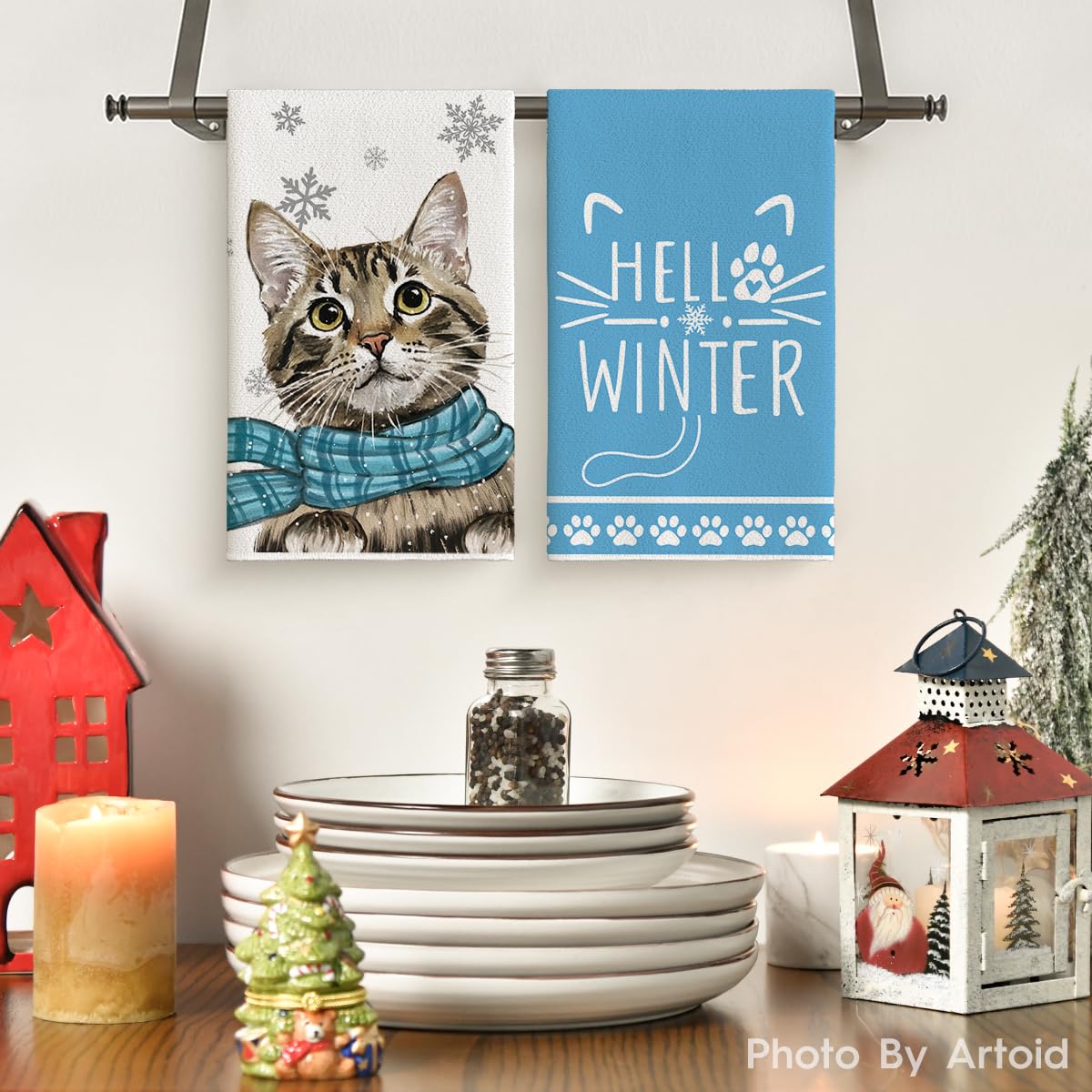 Artoid Mode Gato Azul con diseño navideño; ideal para decorar y limpiar.