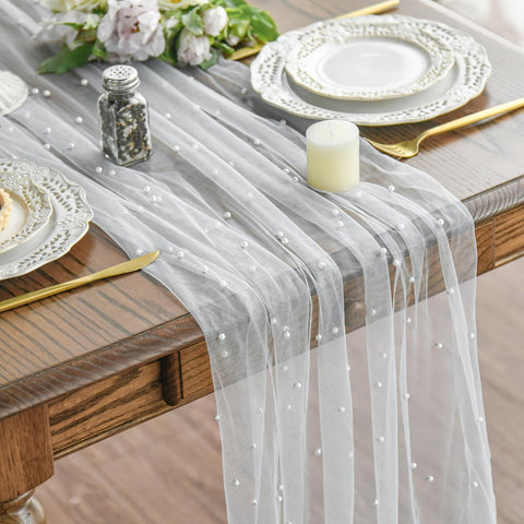 Mantel corredor Artoid Mode gasa perlada para mesas de 120 pulgadas y protección.