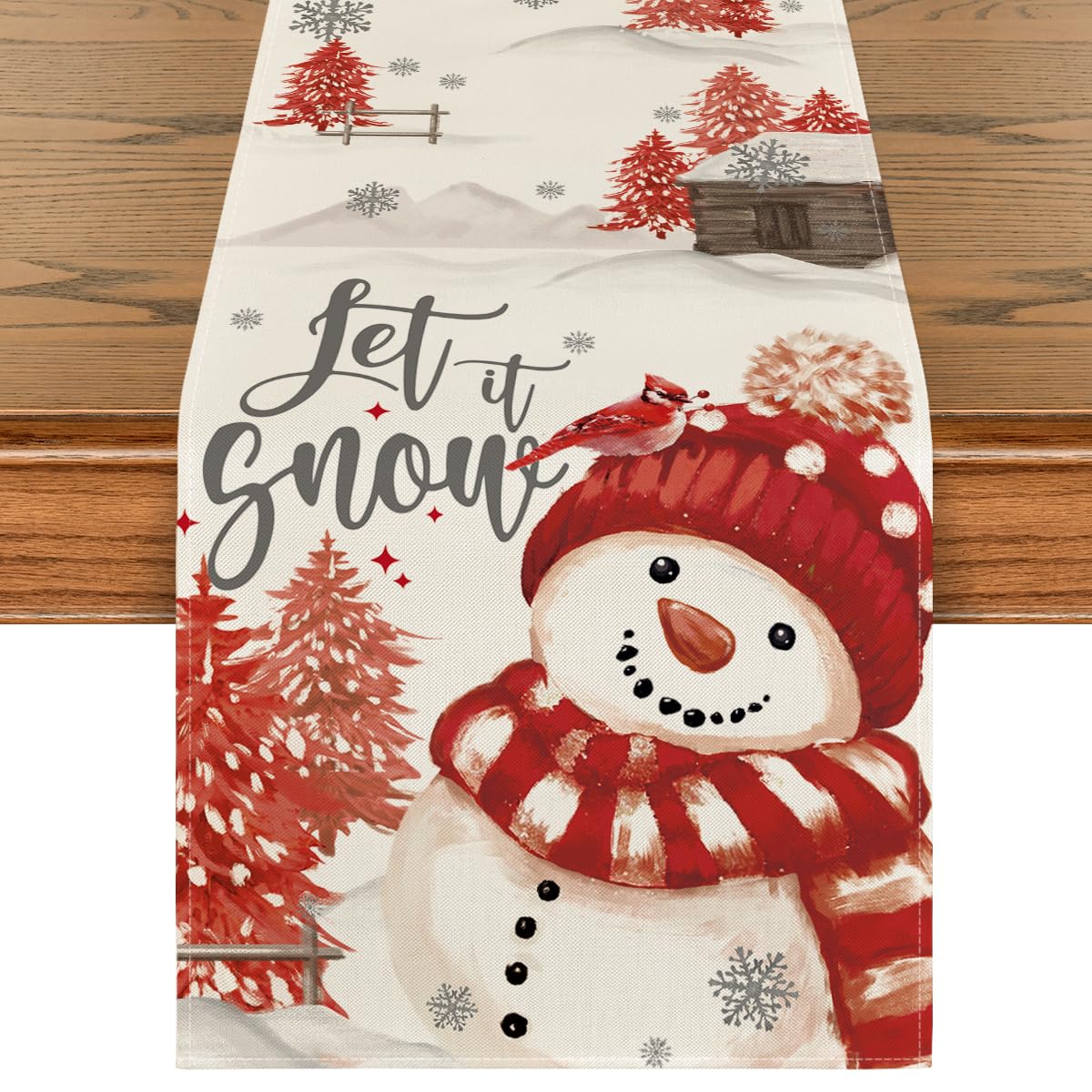 Artoid Mode Let It Snow: mantel navideño rojo con muñeco de nieve para mesa festiva