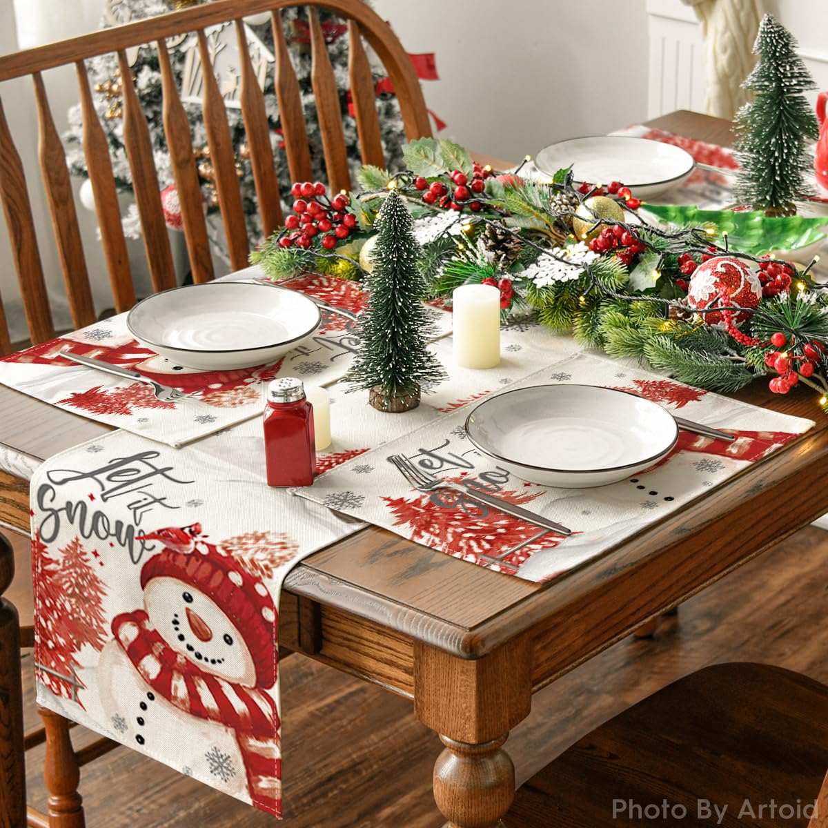 Manteles Artoid Mode Let It Snow, perfectos para fiestas navideñas y regalos.