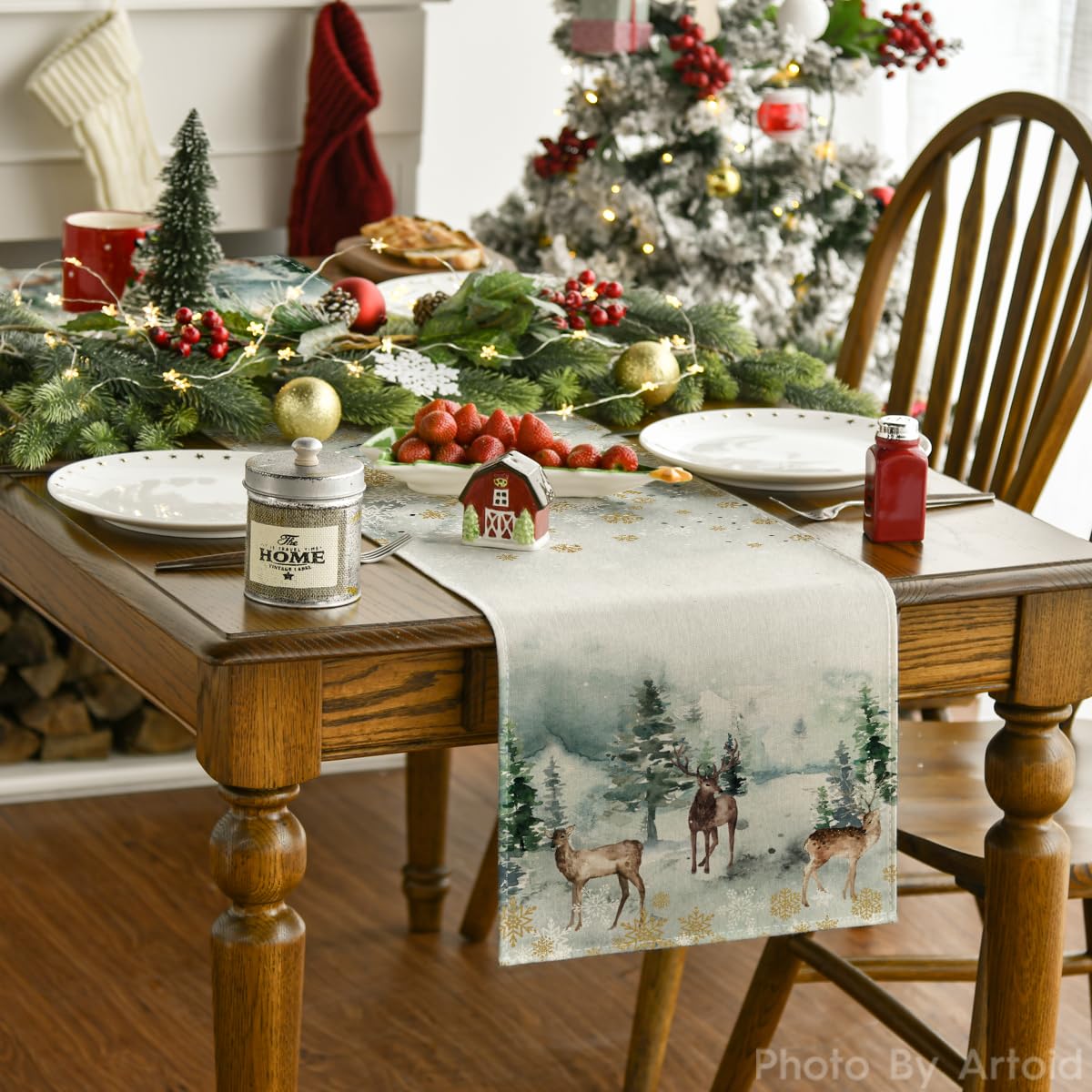 Artoid Mode mantel acuarela ciervos y copos de nieve, ideal para cenas navideñas al aire libre