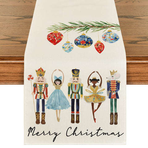 Artoid Mode mantel navideño acuarela con cascanueces y bolas para la mesa.