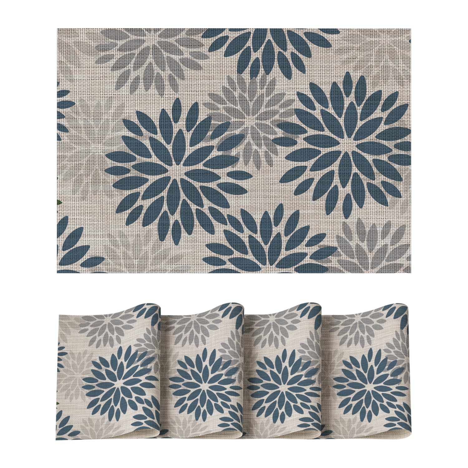 Manteles individuales Artoid Mode florales en vinilo azul gris, protección contra manchas y calor