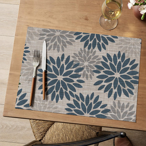 Manteles individuales Artoid Mode florales en vinilo azul gris, aptos para fiestas y cenas
