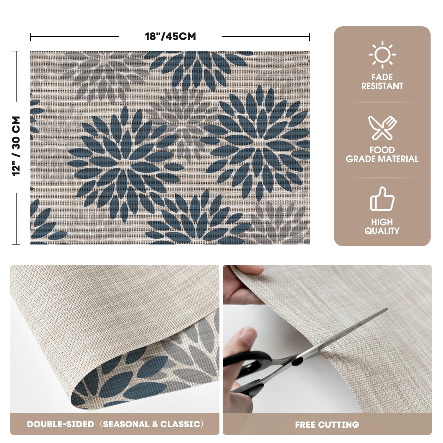 Manteles Artoid Mode florales en vinilo azul gris, material ecológico y duradero
