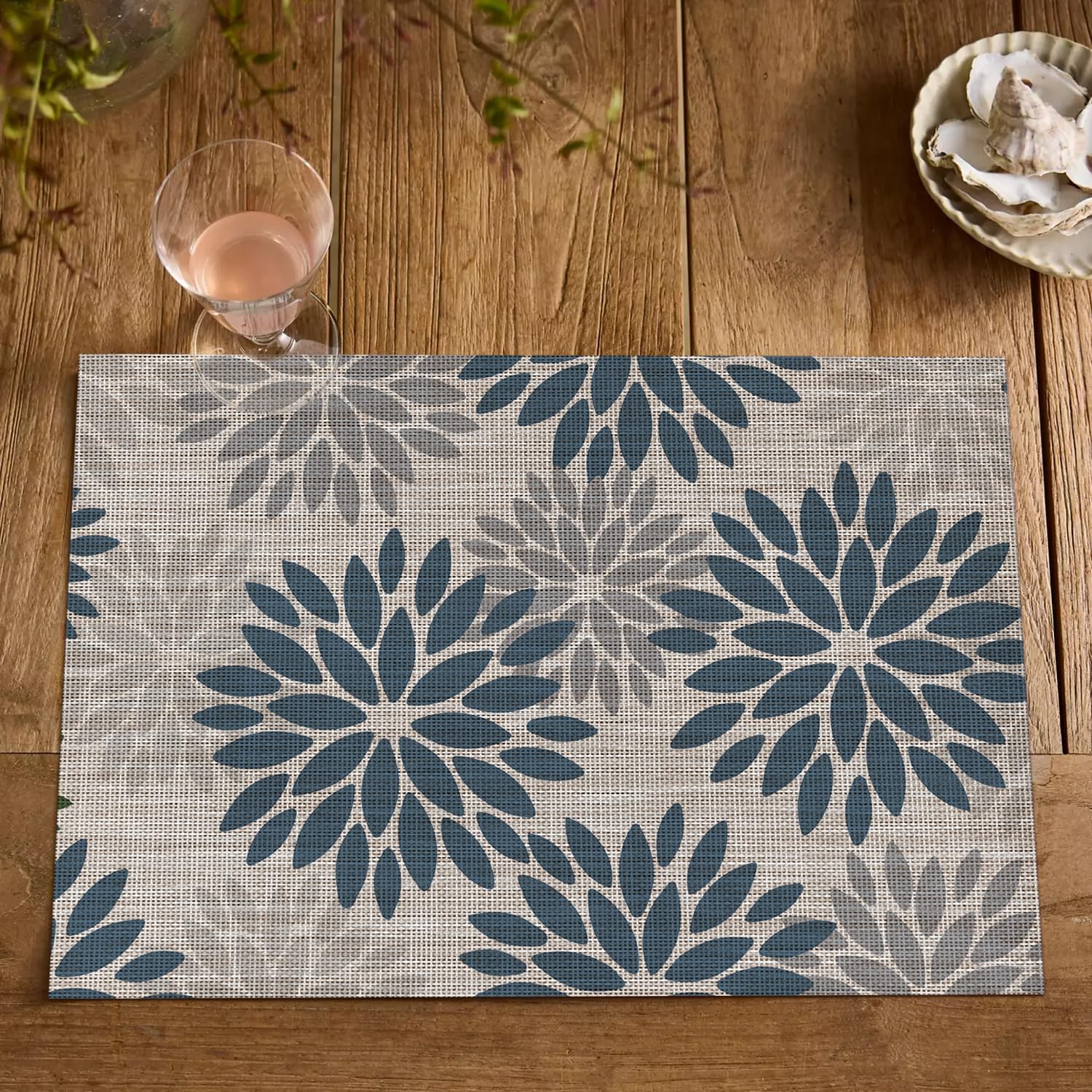 Manteles Artoid Mode florales en vinilo azul gris, superficie antideslizante para seguridad en la mesa