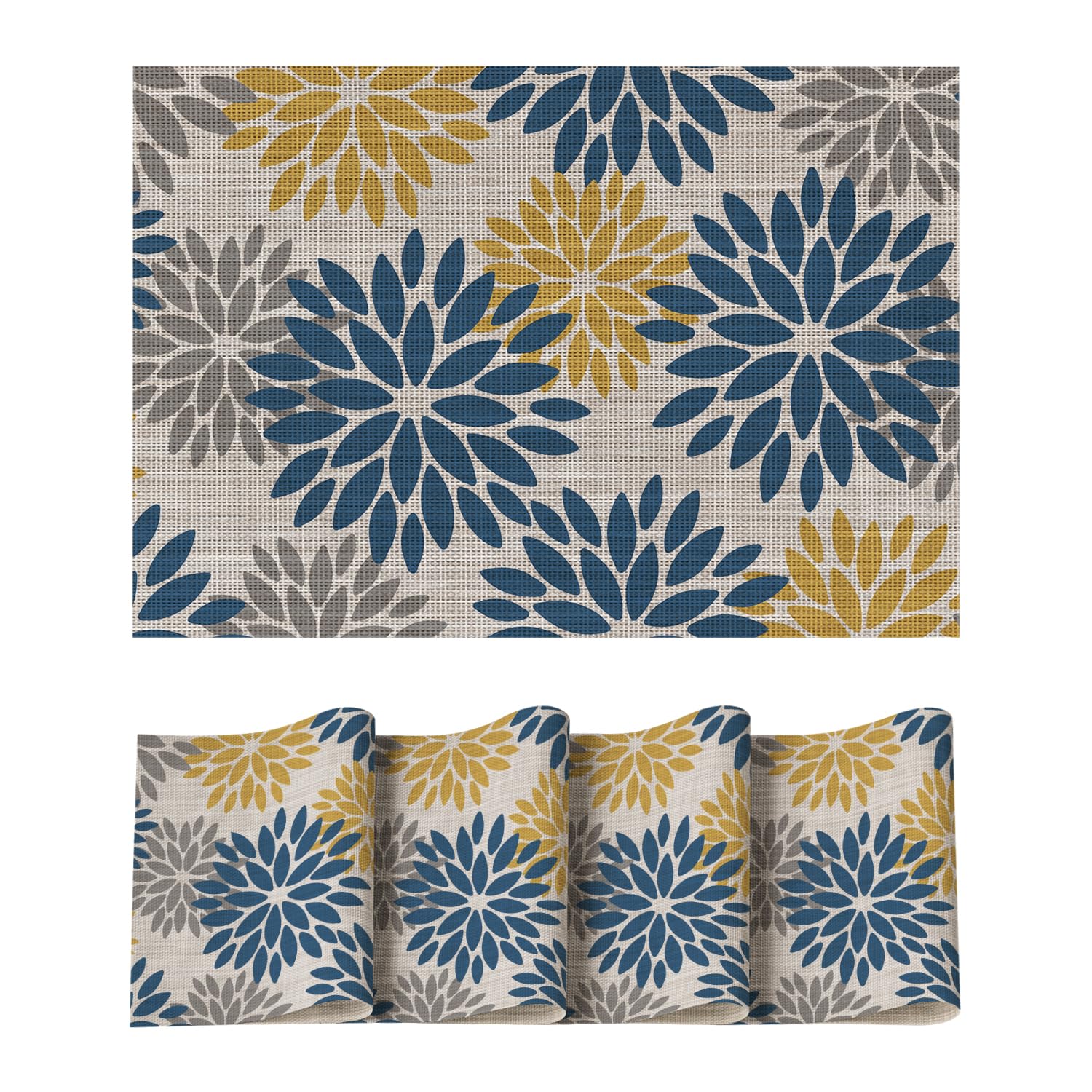 Manteles individuales Artoid Mode floral de vinilo en azul y amarillo, protegen la mesa.