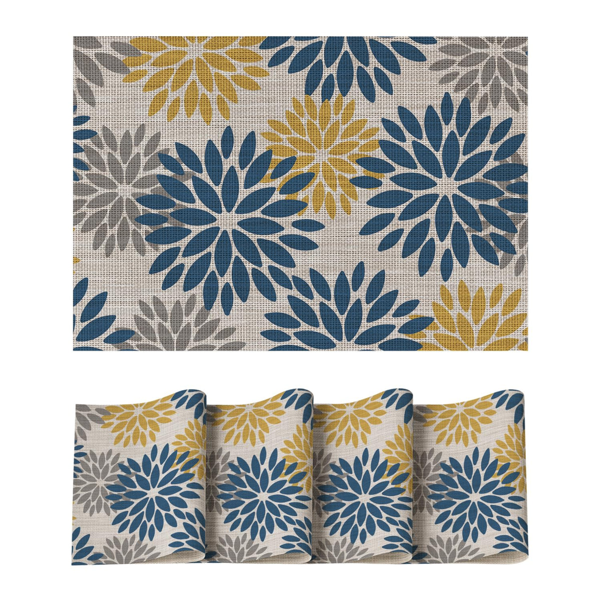 Manteles individuales Artoid Mode floral de vinilo en azul y amarillo, protegen la mesa.