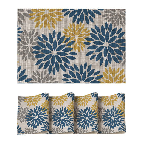 Manteles individuales Artoid Mode floral de vinilo en azul y amarillo, protegen la mesa.