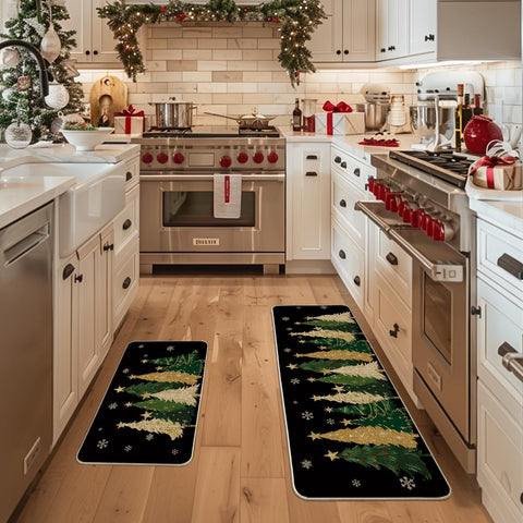 Alfombra Artoid Mode con árboles navideños, crea calidez festiva en la cocina