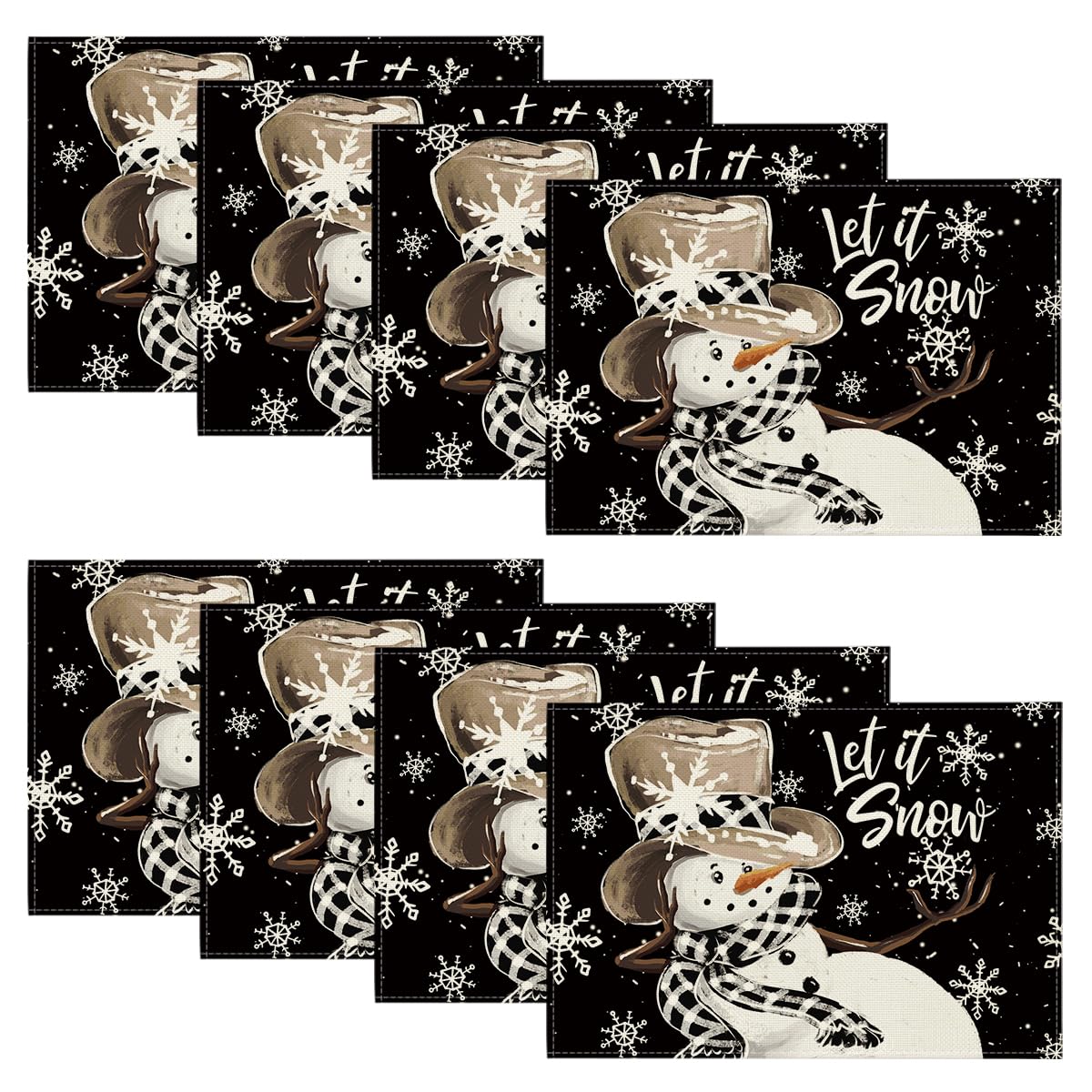 Artoid Mode muñéco de nieve negro y copos de nieve en el mantel, ideal para fiestas.