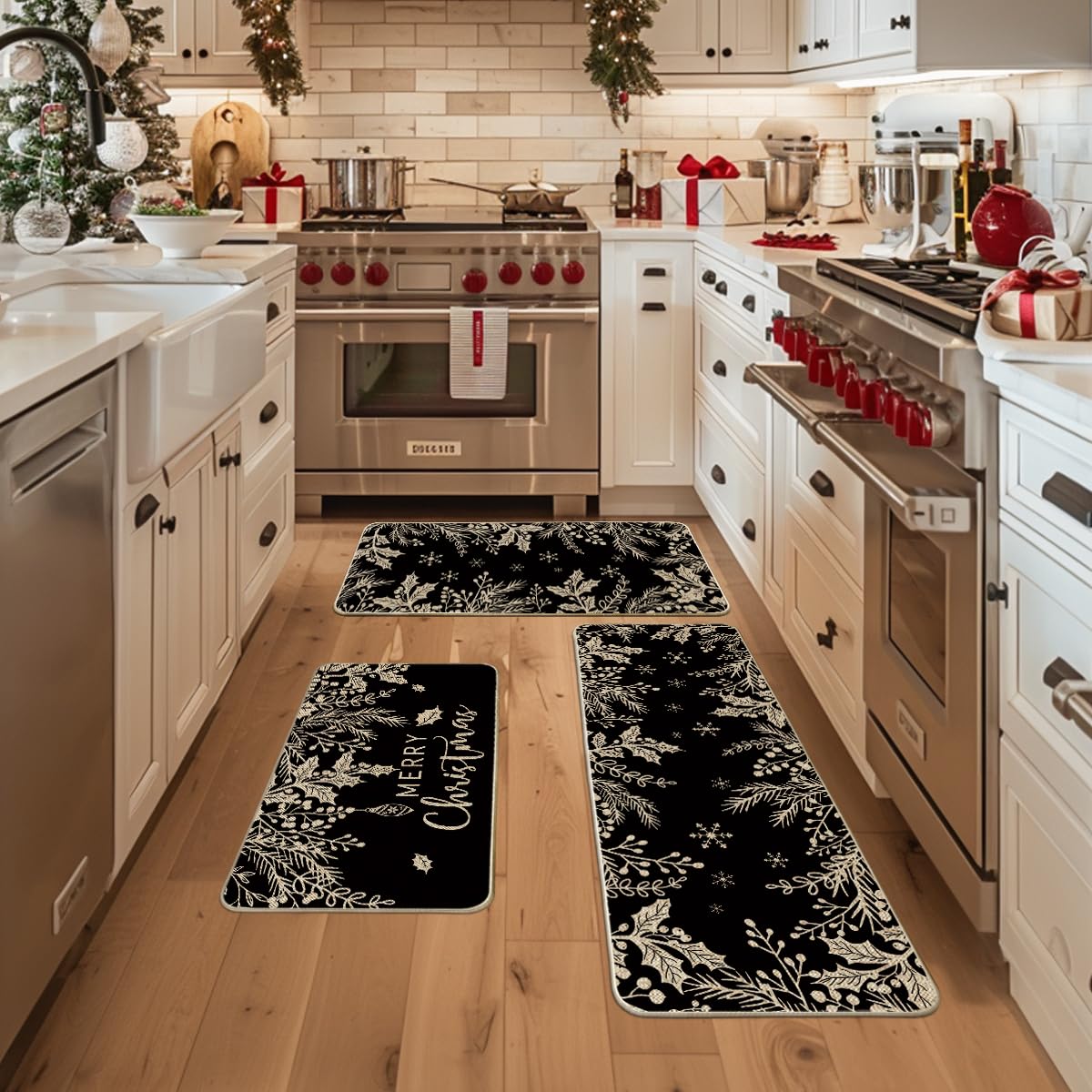 Alfombra Artoid Mode con ramas de pino negro, decoración navideña para la cocina