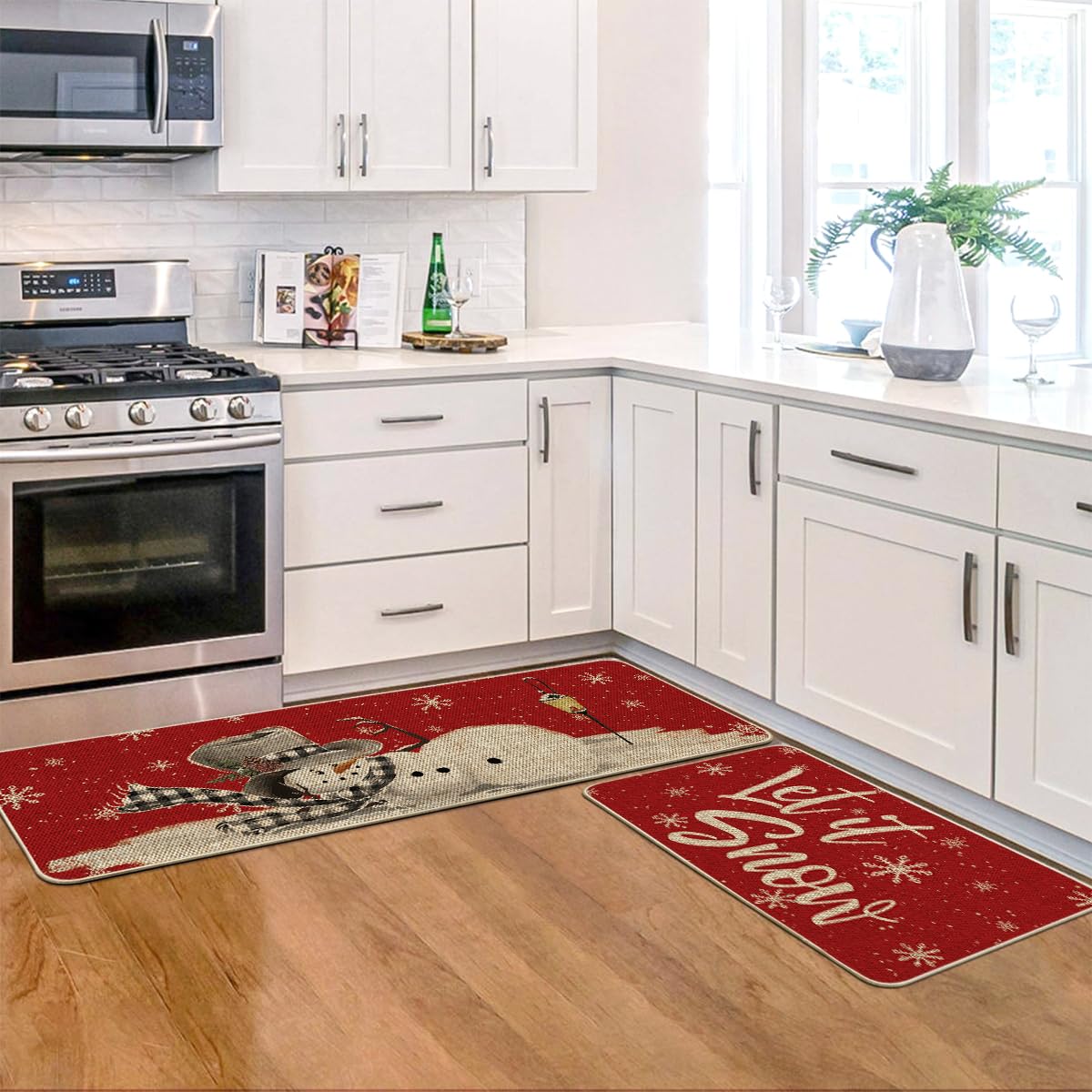 Artoid Mode Red Let It Snow entrada invernal con alfombra decorativa.
