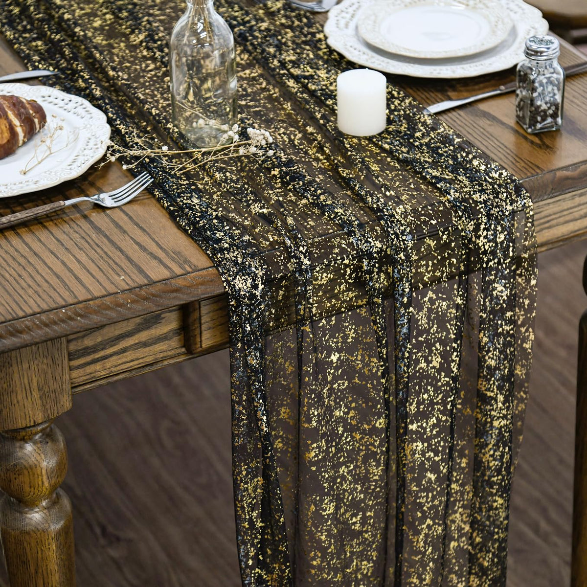 Artoid Mode runner de mesa negro dorado, 120 pulgadas, ideal para bodas y cenas.