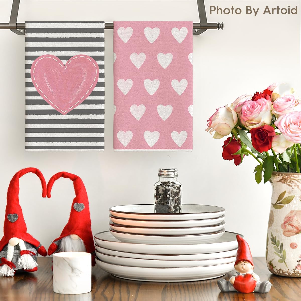 Artoid Mode toallas de cocina con corazones rosas y rayas, decorativas y prácticas