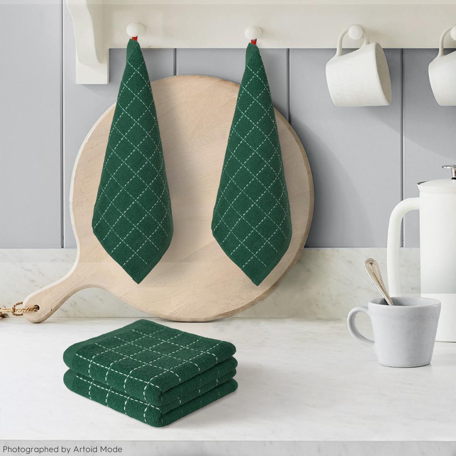 Artoid Mode trapo de cocina verde con cuadros, diseño ligero y secado rápido.