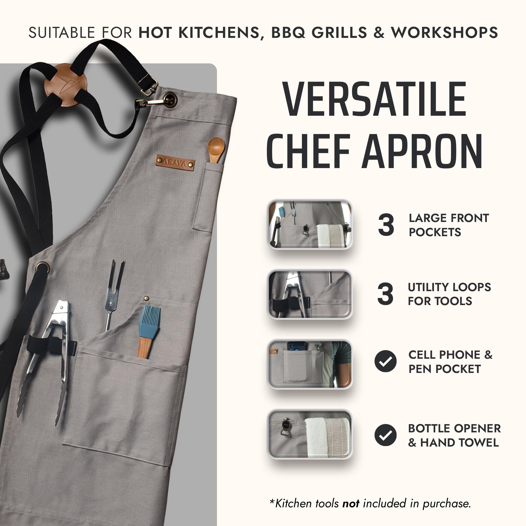 Delantal Asaya Chef trasero, correas cruzadas para comodidad.