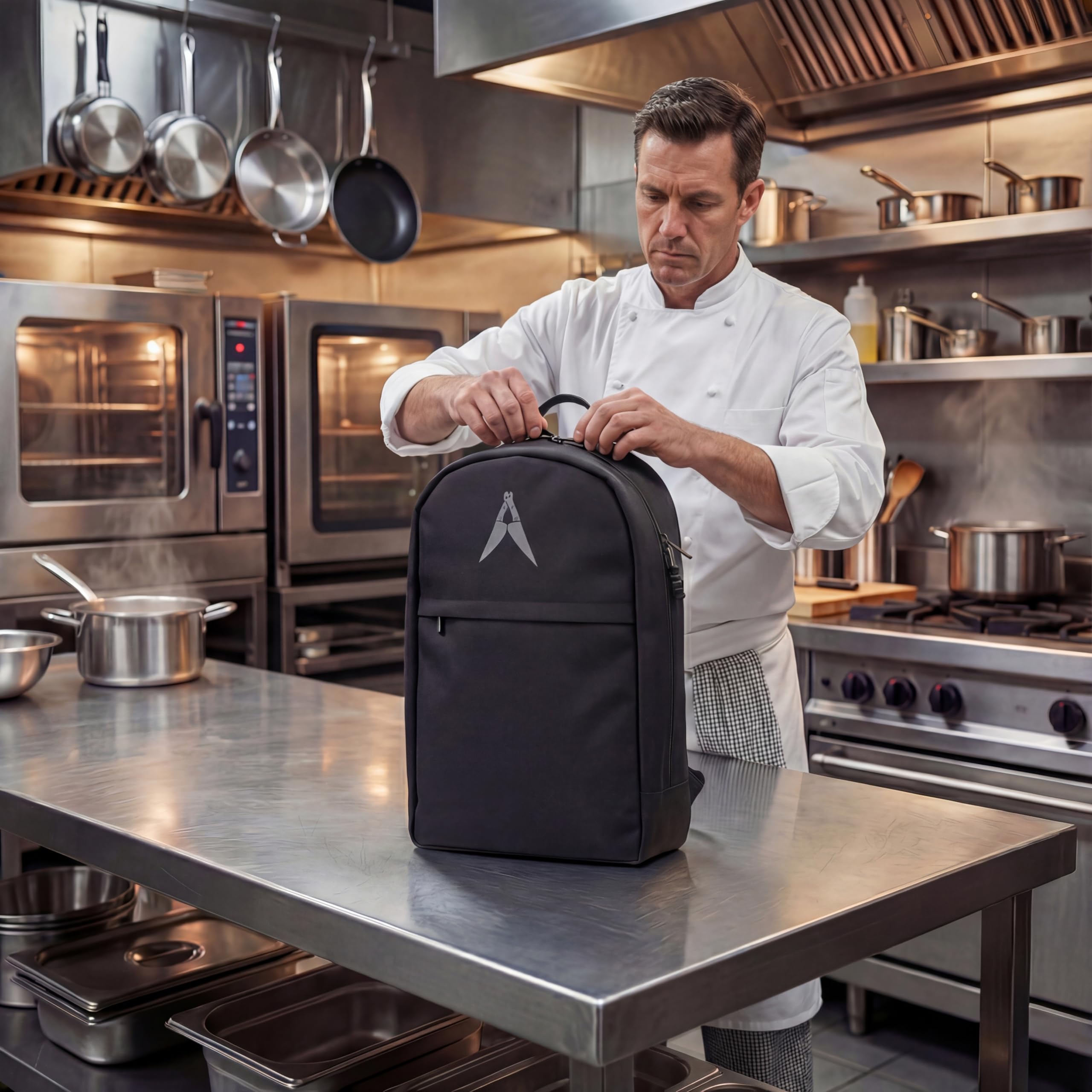 Asaya con compartimentos traseros para tableta y documentos, ideal para chefs en movimiento.