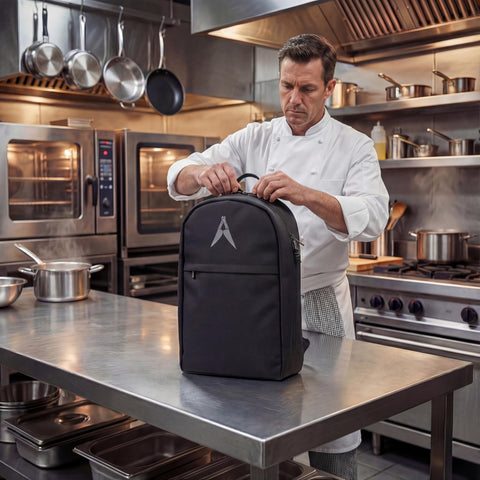 Asaya con compartimentos traseros para tableta y documentos, ideal para chefs en movimiento.