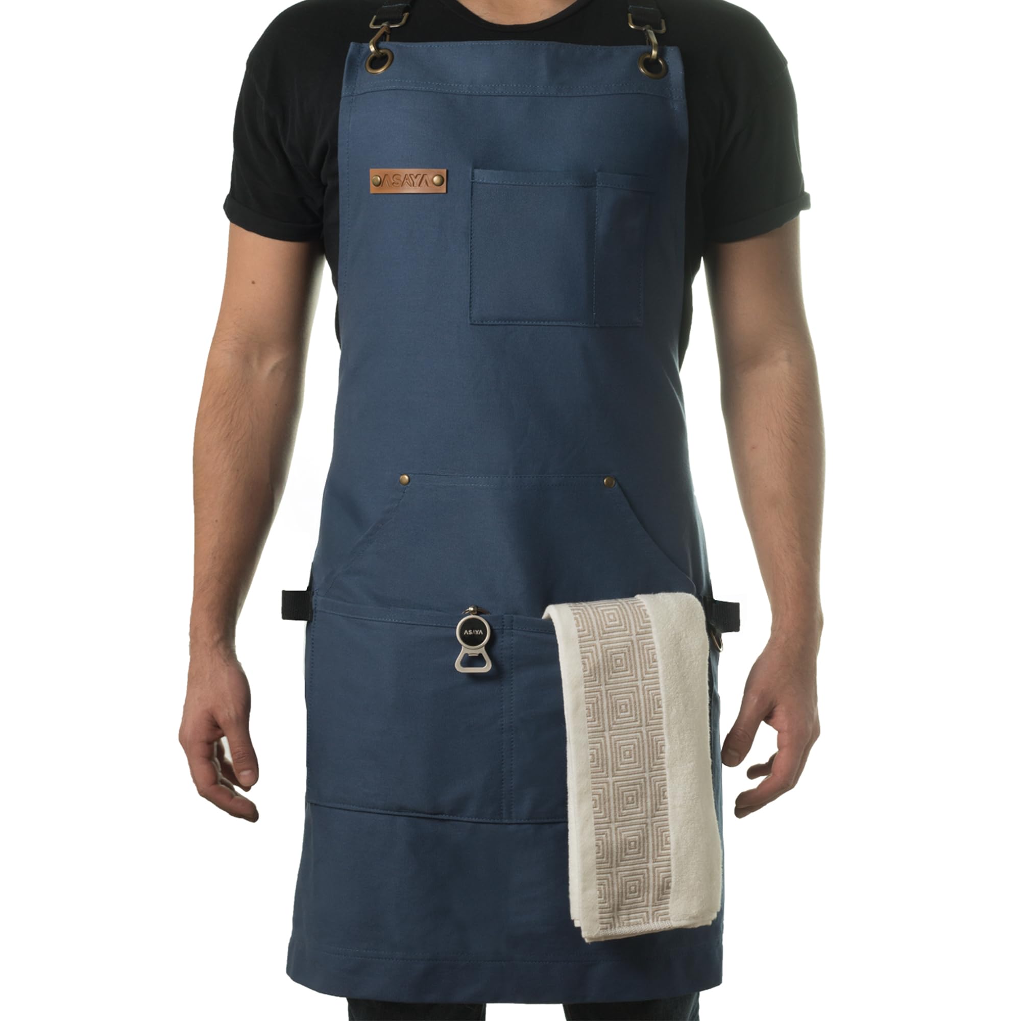 Delantal Asaya Chef en azul, lona de 10 onzas para cocina y taller.