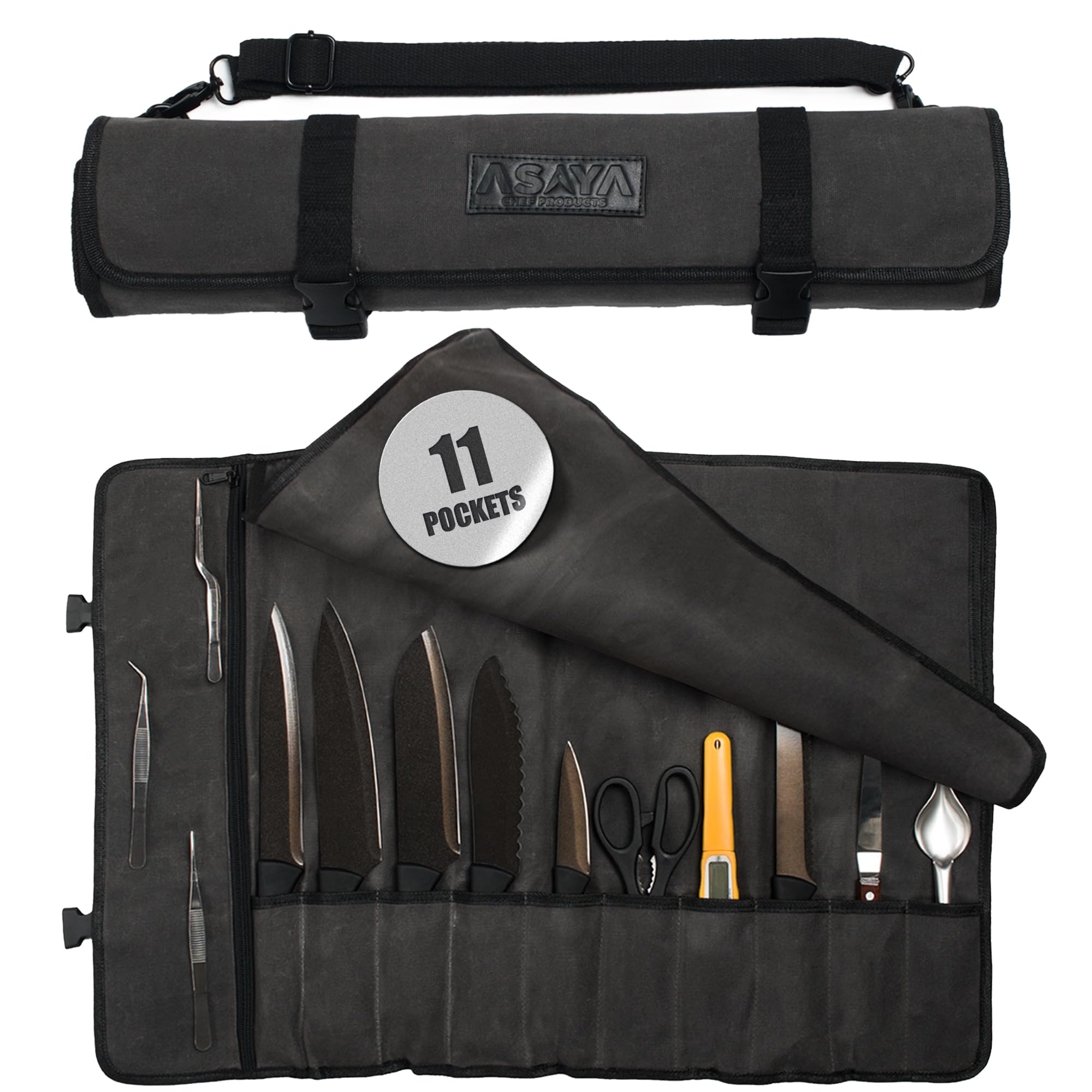 Asaya funda de cuchillos en canvas con 10 huecos, ideal para transporte seguro.